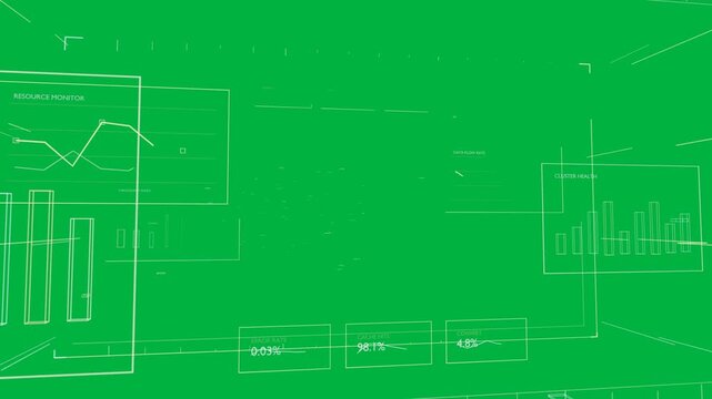 Camera panning, node cluster drifting, HUD panels updating for system monitoring on transparent bg