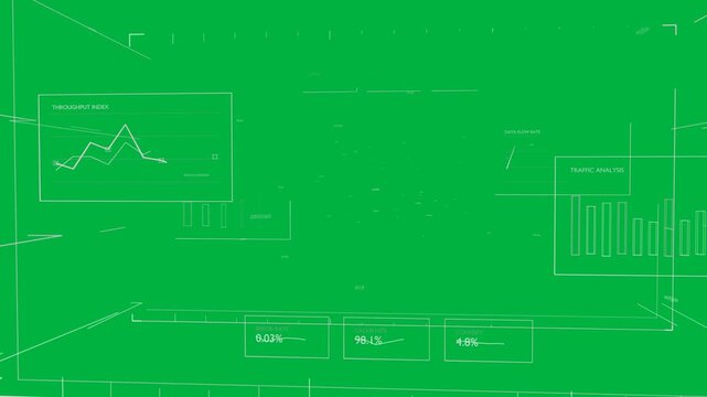 Camera panning, wireframe HUD showing panels and data cloud for metrics, background transparent
