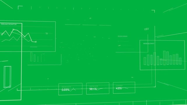 Camera panning network HUD UI updating data cloud drifting showing metrics, transparent background