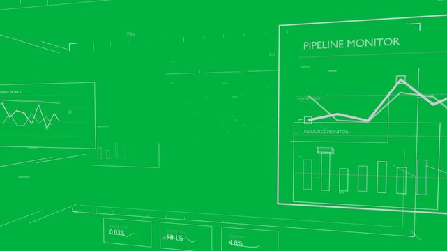 Wire UI panning on start camera moving showing panels for system health on transparent background
