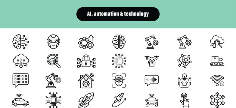 AI, automation & technology icons set. This collection features various icons representing artificial intelligence, robotics, cloud computing, data analysis, smart homes, and futuristic concepts