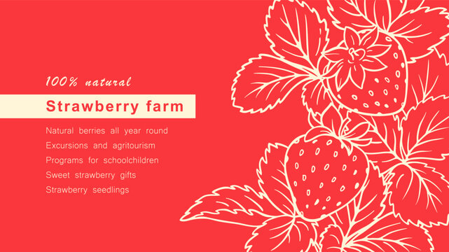 Minimal horizontal banner with strawberries and leaves frame illustration on red background. Hand drawn sketch of still life, modern design. Minimalist monochrome vector template with copy space.