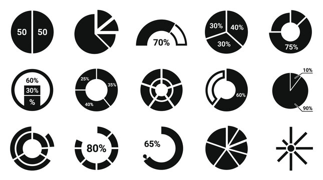 Collection of various pie charts and circular graphs for data visualization.