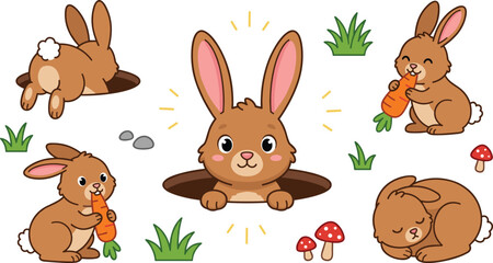Naklejka premium Cute rabbit character collection with sleeping eating and burrowing bunny illustrations for children stickers nursery decor and playful cartoon design