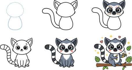 Cute raccoon lemur drawing tutorial with step by step kawaii animal character illustration for children education stickers and cartoon wildlife design © Sreemotimadhobi