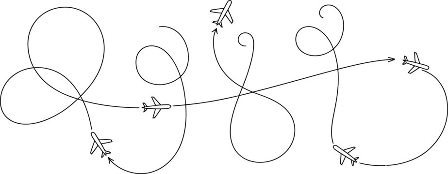 Abstract illustration of multiple airplanes following complex tangled flight paths with airplane trajectory aviation navigation transportation business movement connection destination