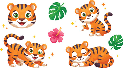 Fototapeta premium Cute tiger cub character collection with playful sleeping and smiling jungle animal illustrations for children stickers nursery decor and cartoon design