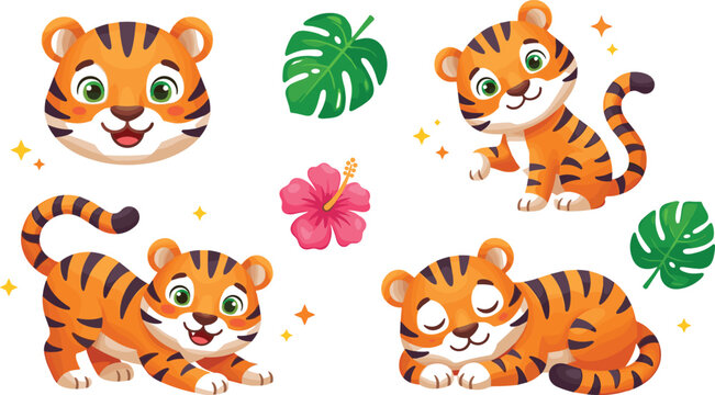 Cute tiger cub character collection with playful sleeping and smiling jungle animal illustrations for children stickers nursery decor and cartoon design