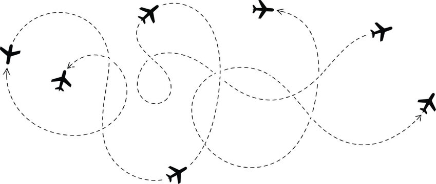 Hand drawn style illustration showing scattered airplane flight paths with airplane aviation trajectory transportation navigation business movement connection destination logistics