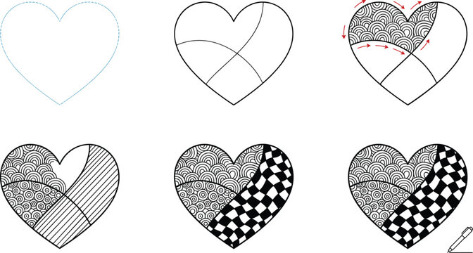 Decorative heart drawing tutorial with step by step abstract pattern illustration for art education coloring pages and creative tattoo design projects