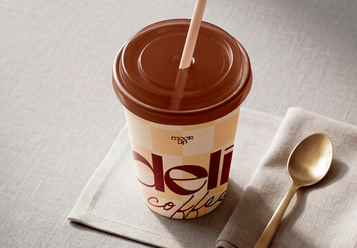 Coffee Cup Mockup with Straw on Fabric Napkin
