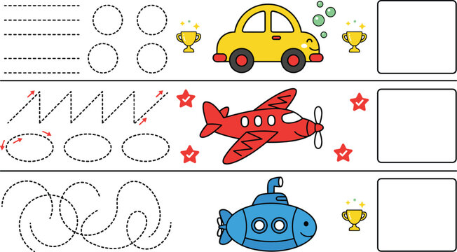 Educational tracing and pattern recognition worksheet with car airplane and submarine activities for preschool learning and children cognitive development games