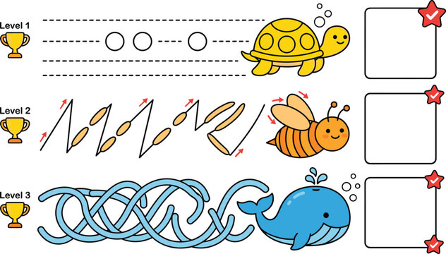 Educational tracing and pattern recognition worksheet with turtle bee and whale activities for preschool learning cognitive development and children puzzle games