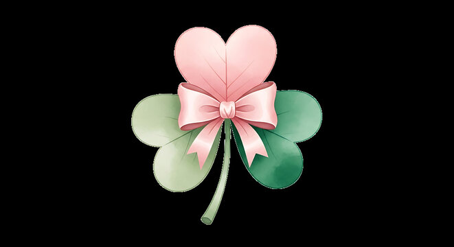 Three-leaf shamrock with pink heart bow isolated on a transparent background, three-leaf clover decorative bow