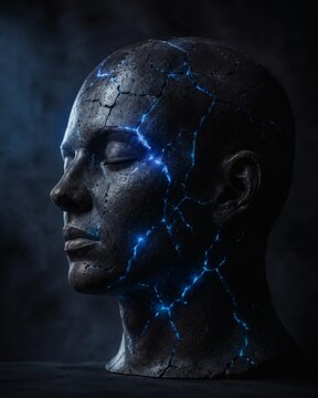Human head statue cracked with glowing blue energy