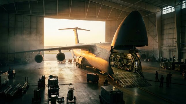 Large Military Cargo Aircraft Inside Hangar with Open Nose Door.