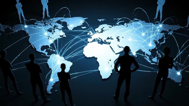Silhouetted Figures Observing Glowing Global Map in Futuristic Dark Environment