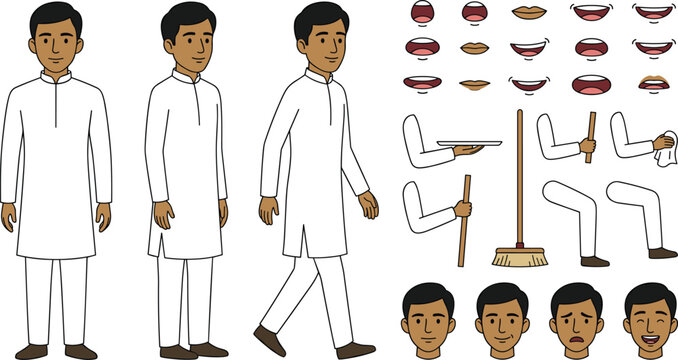 Traditional Indian character turnaround illustration set with facial expressions hand poses and walking animation references for game design and cultural storytelling
