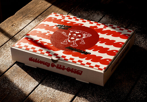 Closed Pizza Box Mockup on Wooden Table