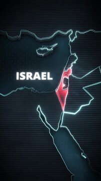 Vertical 3D digital map of the Middle East featuring a glowing red pulsating highlight on Israel and bold text, ideal for geopolitical news broadcasts or international affairs documentary segments.
