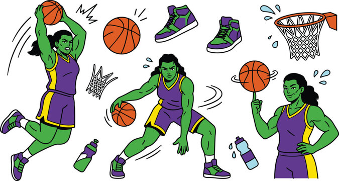 Women basketball player illustration set with dribbling dunking spinning ball and sports equipment for athletic branding fitness marketing and game design