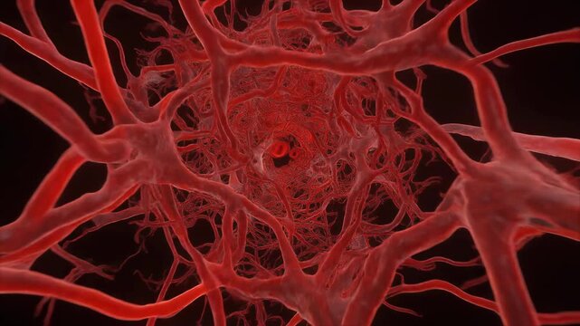 Abnormal vascular network with tangled blood vessel malformation illustrating circulatory disruption