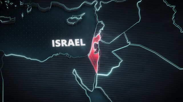 3D digital map of the Middle East featuring a glowing red pulsating highlight on Israel and bold text, ideal for geopolitical news broadcasts or international affairs documentary segments.
