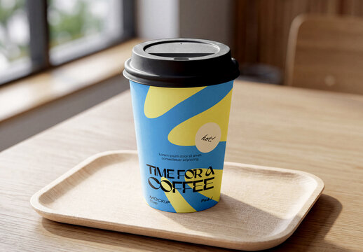 Coffee Cup and Coaster Set Mockup on Wooden Surface