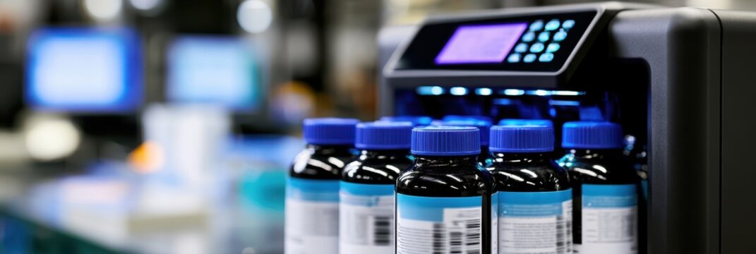 Closeup on thermal label printer actively printing safety labels on laboratory reagent drums highlighting the crisp print head movement against a softly blurred industrial