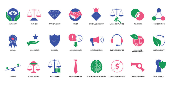 Set of business ethics and corporate values icons showing integrity, fairness, transparency, and teamwork