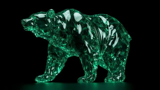 Majestic abstract bear silhouette formed by flowing translucent emerald and jade green liquid