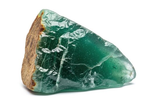 A raw, translucent green gemstone fragment with a rough, weathered brown crust on one side, isolated on white background