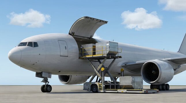 Large white cargo airplane loading freight containers on airport tarmac under clear sky.