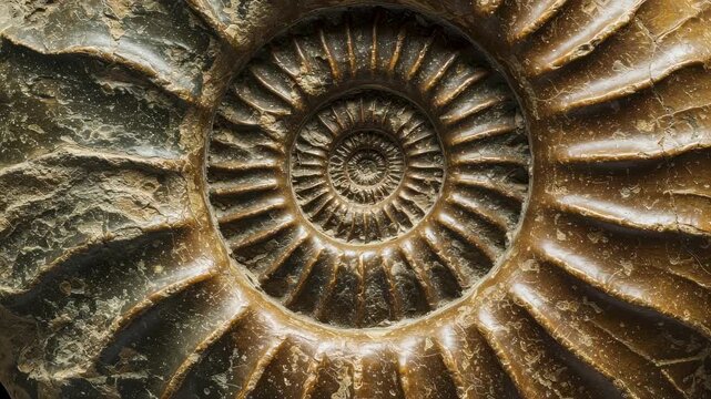 Ammonite shell fossil with spiral structure. Ancient prehistoric mollusk texture. Scientific study of geological history and earth evolution in sedimentary rock.