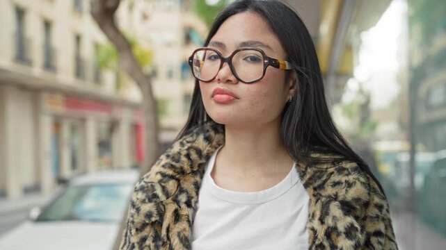 Woman with oversized tortoiseshell glasses and leopard coat smiles while looking sideways on street storefront; confidence warmth.