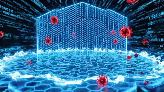 Red viruslike particles on hexagonal grid perfect for IT presentations and tech marketing