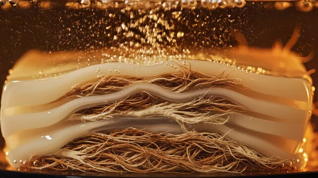 Closeup of layered material with roots emphasizing modern aesthetics and minimalist design