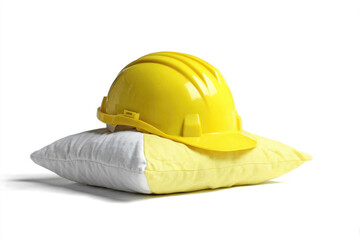 Fototapeta premium A yellow hard hat rests on a soft pillow. Space for text.