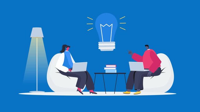 Flat design of a businessman and coworker are in front of his office, brainstorming about customer's statistical data and company growth in a meeting
