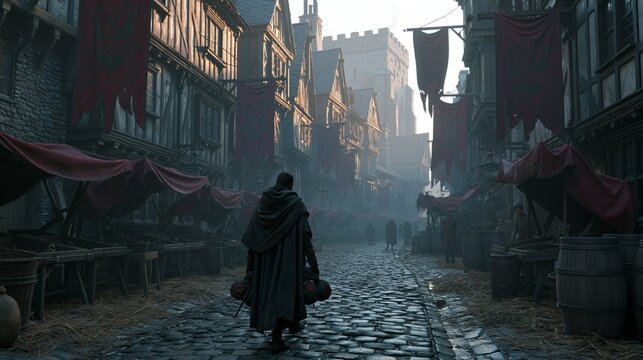 In a narrow cobblestone street a solitary cloaked messenger carries precious sealed satchels past empty market stalls scattered with straw framed by grim timber houses marked with