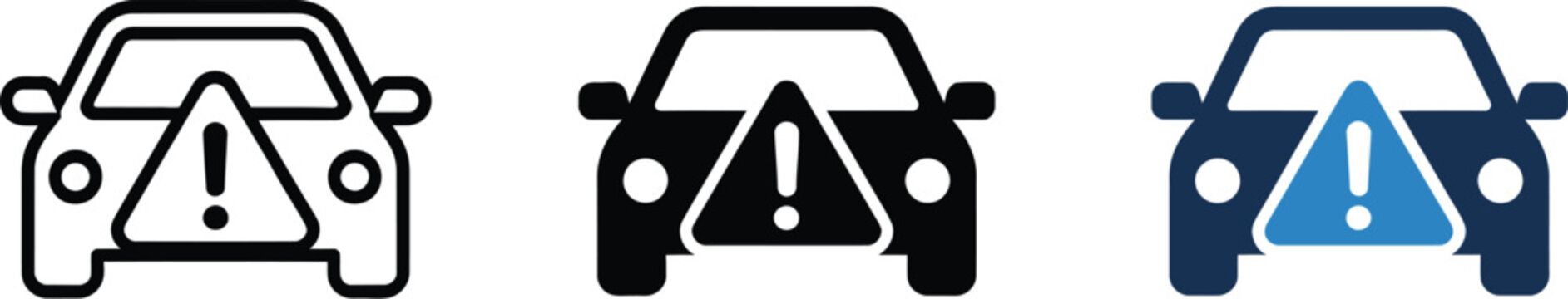 Car warning icon set, vehicle alert symbols including exclamation mark triangle auto hazard signals and caution icons for safety and automotive warning design.