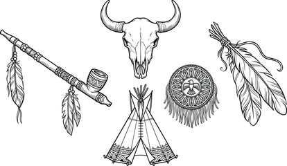 Native American Tribal Culture Icon Set with Buffalo Skull Teepee Peace Pipe and Feathers for Western Heritage Branding Indigenous Folklore and Ethnic Spirit Graphic Designs © MdTanzimul