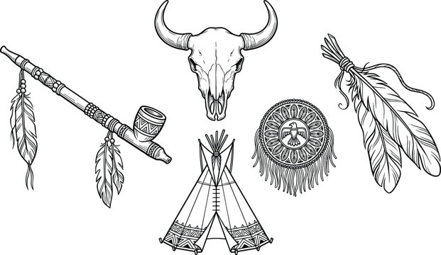 Native American Tribal Culture Icon Set with Buffalo Skull Teepee Peace Pipe and Feathers for Western Heritage Branding Indigenous Folklore and Ethnic Spirit Graphic Designs