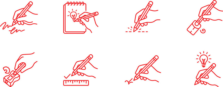 Red line icons of hands holding pencils for writing and drawing