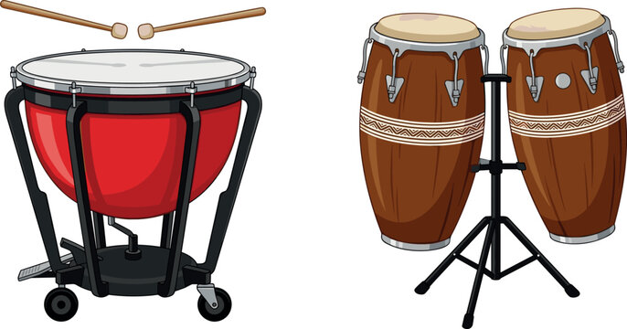 Professional Percussion Instrument Set Featuring a Red Timpani Kettle Drum with Mallets and Traditional Wooden Conga Drums on a Metal Stand for Orchestral and Latin Music Designs