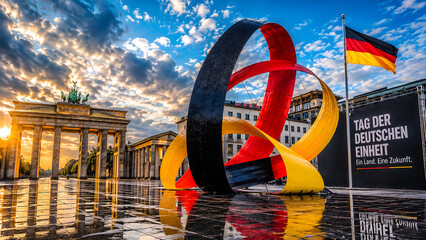 Symbolic sculpture in Germany's national colors stands proudly before Berlin's historic Brandenburg Gate, celebrating German Unity Day at golden hour