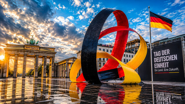 Symbolic sculpture in Germany's national colors stands proudly before Berlin's historic Brandenburg Gate, celebrating German Unity Day at golden hour