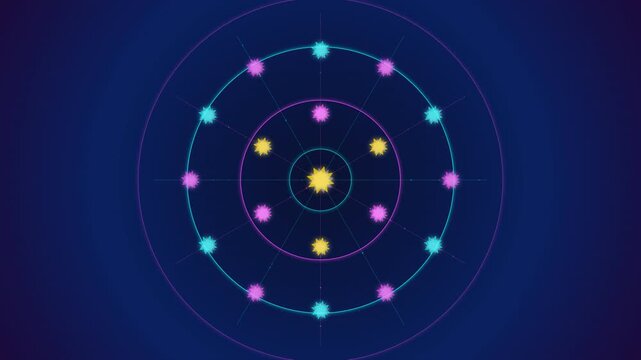 Dynamic motion of colorful atomic orbits with glowing particles illustrating scientific concepts in a vibrant digital visualization.