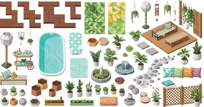 Isometric garden design elements set with patio furniture plants swimming pool and landscaping materials in vector illustration
