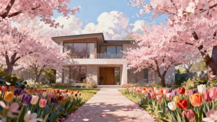 Fototapeta premium Modern house with cherry blossoms and tulips